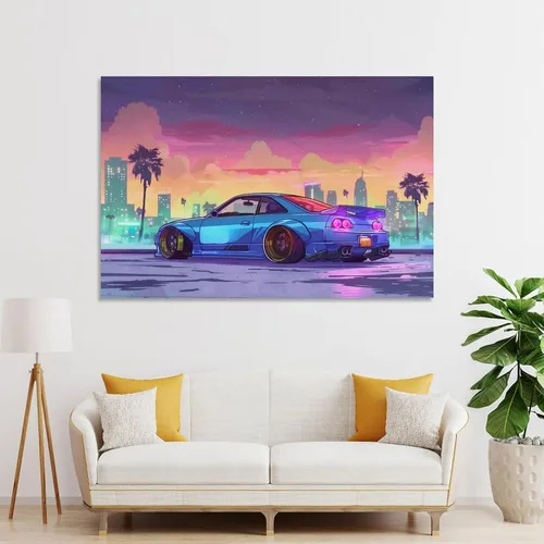Vista 4 de Synthwave Vaporwave R32 - Póster de animé de palmera Jdm para automóvil, decoración de pared, pósteres e impresiones para dormitorio, sala de estar