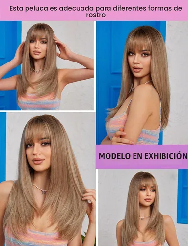 Vista 6 de Pelucas rubias cenizas para mujer, peluca larga recta en capas con flequillo, cabello sintético natural con raíces oscuras Rubio ceniza