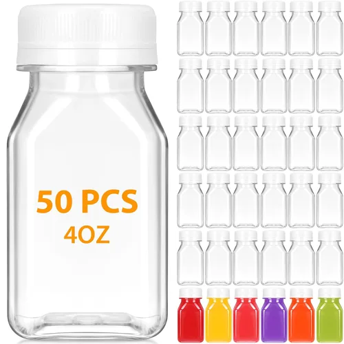 Vista 9 de Gerrii 75 botellas de plástico para jugo de 4 onzas con tapa, pequeñas botellas transparentes reutilizables con tapas, recipientes a granel, aptas