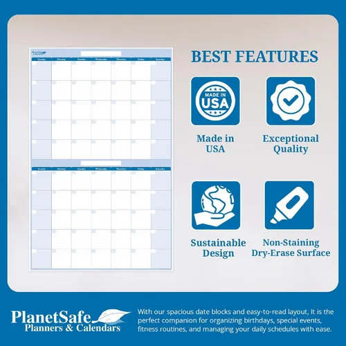 Vista 3 de PlanetSafe - Calendario horizontal de 60 días borrable en húmedo y seco, gran calendario de pared, ideal para el hogar, la oficina y las escuelas
