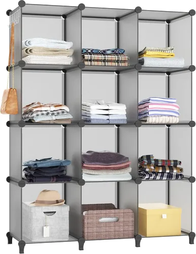 Vista 9 de Organizadores de armario y almacenamiento, organizador de almacenamiento de 12 cubos, estantes de ropa portátiles para organización de armario