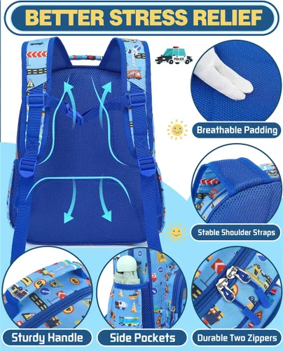 Vista 2 de VANKEV Mochila para niños y niñas, bonita mochila ligera para preescolar, jardín de infantes, primaria, escuela primaria, Carros azules, 7L