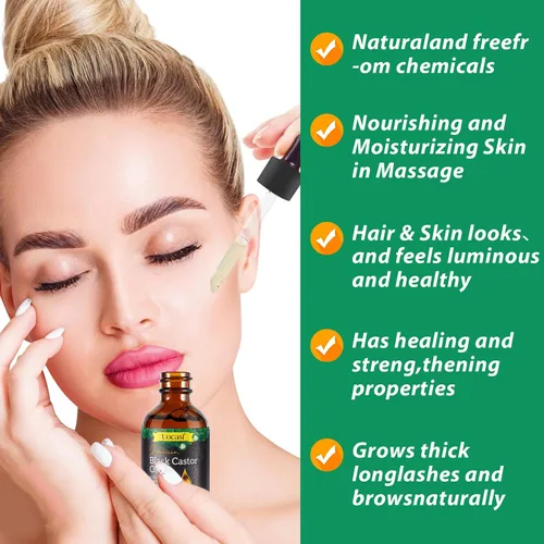 Vista 4 de Aceite de ricino negro jamaicano, 100% puro y orgánico, prensado en frío en botellas de vidrio para el crecimiento del cabello, nutrición de cejas e