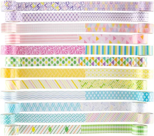 Vista 2 de YUBBAEX - Juego de 24 rollos de cinta Washi - Cintas adhesivas decorativas básicas y delgadas para manualidades, bricolaje, diarios, planificadores