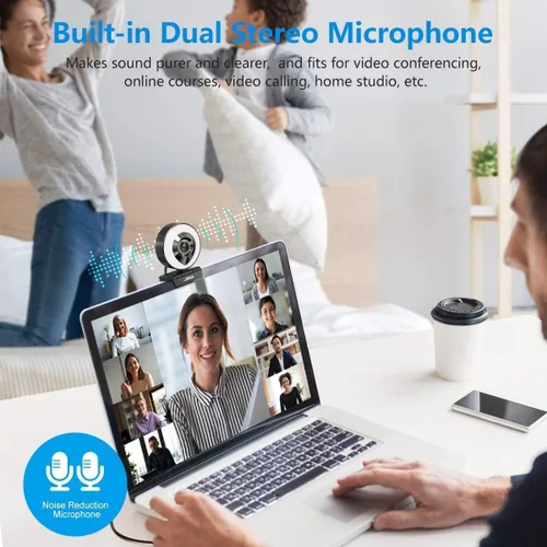 Vista 4 de Cámara web para computadora 1080P con micrófono doble, luz derecha ajustable, cámara web para PC, enfoque automático avanzado con trípode, cámara