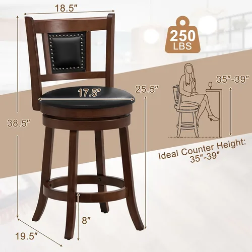 Vista 3 de Giantex Juego de 2 taburetes de bar giratorios de 25.5 pulgadas de altura de mostrador con respaldo ergonómico, asiento acolchado suave, patas
