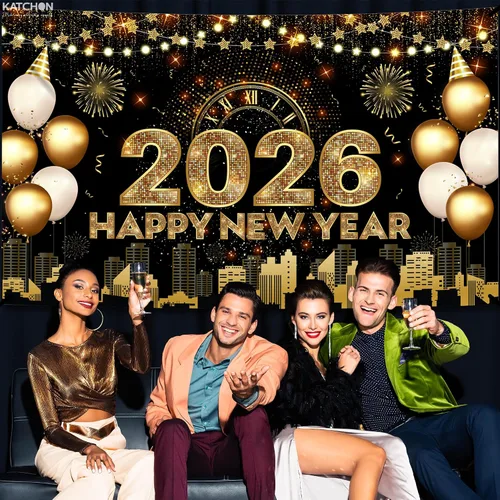 Vista 6 de Katchon, Xtralarge - Cartel de feliz año nuevo – 72 x 44 pulgadas Cartel dorado de feliz año nuevo 2026 para decoraciones de Año Nuevo 2026