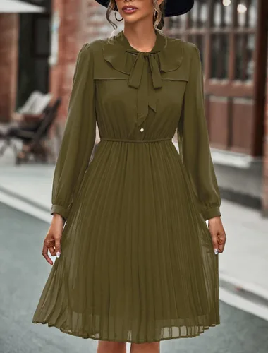 Vista 5 de HAOKEKE Vestidos de trabajo para mujer 2023 de manga larga de gasa negro vestido retro plisado botones abajo corbata lazo suelto vestidos casuales