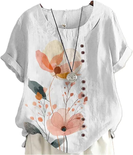 Vista 19 de domirica Camisetas de verano para mujer 2024 con estampado de flores, algodón, lino, manga corta, cuello redondo, camisas casuales de moda