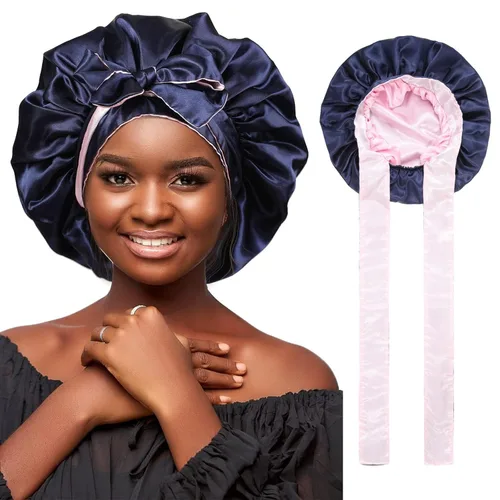 Vista 12 de Gorras de satén de seda para mujeres, envoltura de cabello rizado para dormir, gorra reversible con banda de corbata, gorra de dormir de doble capa