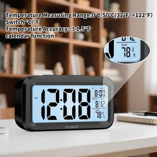 Vista 4 de Reloj despertador digital a pilas con temperatura interior, reloj pequeño de escritorio, modelo de repetición, pantalla de 12/24 horas para Negro