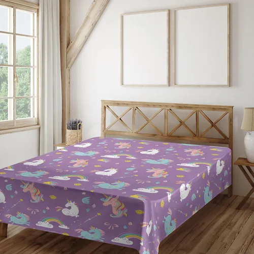 Vista 2 de Ambesonne Magic Flat Sheet, Unicorn and Rainbow Diamond Wand Pattern Girl Creature Print, Soft Comfortable Top Sheet Decorative Bedding 1 Piece