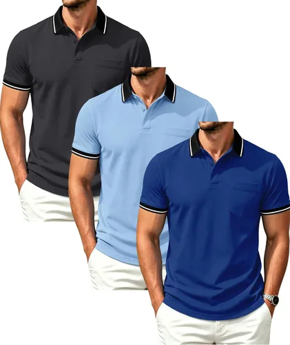 Vista 26 de GEEK LIGHTING Paquete de 3 camisas polo de manga corta con bolsillo para Negro Gris Armygreen