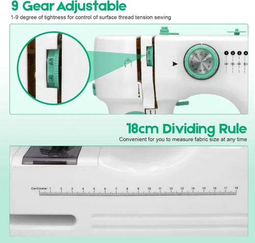Vista 3 de Máquina de coser para principiantes con 12 puntadas integradas, 6 pies incluidos, máquina de coser portátil con pedal de pie, velocidades altas-bajas