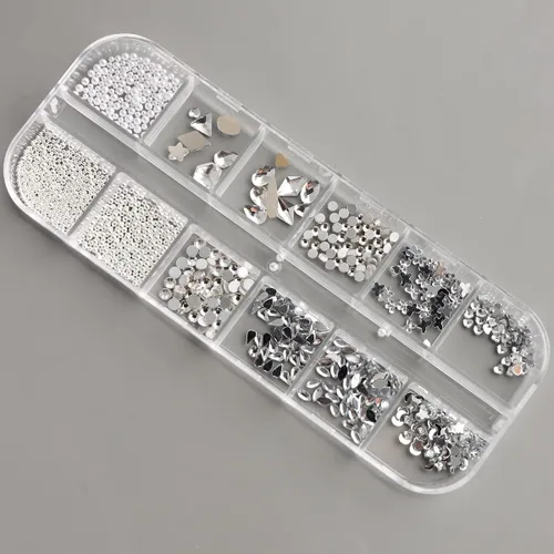Vista 7 de Diamantes de imitación de cristal blanco para uñas, parte trasera plana, gemas de luna, estrella, corazón, perlas para decoración de uñas, múltiples