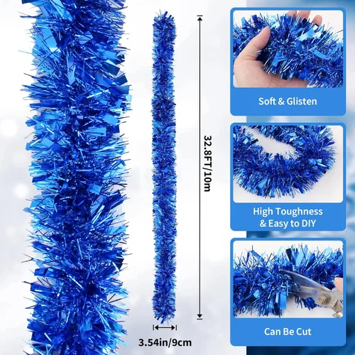 Vista 3 de Guirnalda de oropel azul de 33 pies, decoración metálica para árbol de Navidad, guirnalda de oropel para decoración de Navidad, Halloween y fiesta