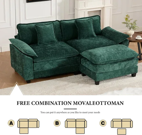 Vista 151 de Sofá seccional modular verde de 111.5", sofás seccionales grandes de 3 plazas para sala de estar, sofá nube oversized de tela chenille con otomana