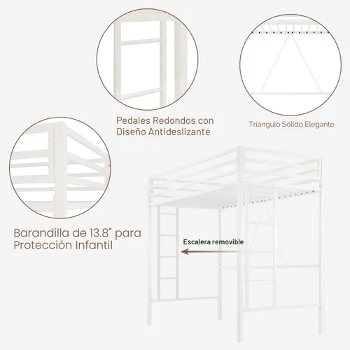 Vista 5 de ikalido - Cama tipo loft de metal, tamaño individual, con barandilla de seguridad y escalera, color blanco crema No necesita somier, muebles
