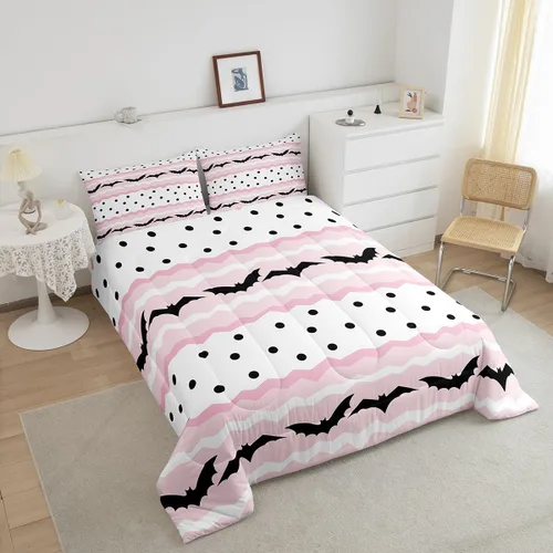 Vista 4 de Lindo juego de edredón de murciélago tamaño Queen con diseño de animales de Feliz Halloween, 3 piezas para decoración de habitación de niños