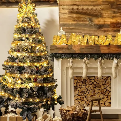 Vista 2 de Luces de Cinta de Hadas de Navidad para Decoraciones de Árbol, 2.5 pulgadas x 16.4 pies, 50 LEDs, Cadena de Luces Cálidas para Interiores, Operadas