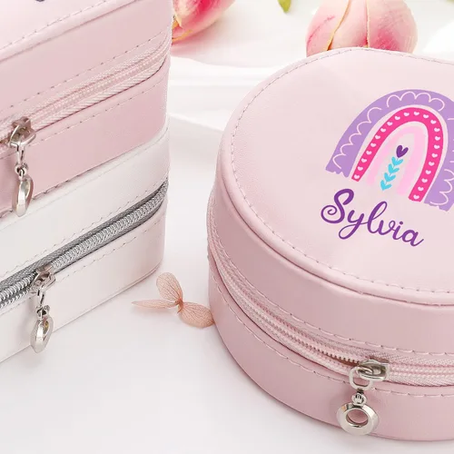 Vista 9 de Party-rainday Joyero de cuero personalizado, caja de joyería arcoíris para niña, estuche de viaje pequeño organizador de joyas, regalo de bautizo