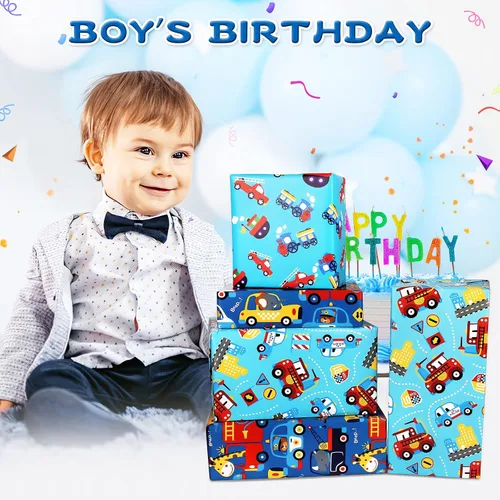 Vista 3 de BWLOIES Papel de regalo para niños y niños, hojas de papel de regalo de cumpleaños con coche de policía, camiones de bomberos, grúa, ambulancia