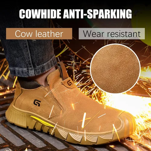Vista 2 de GLANOUDUN - Botas de trabajo de soldadura para hombre, con punta de acero, antideslizantes, zapatos de trabajo indestructibles para hombre, zapatos