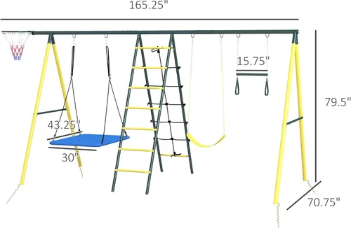 Vista 7 de Outsunny Juego de columpios de 440 libras para patio trasero, soporte 5 en 1 resistente con marco en A, juego al aire libre para niños, con columpio