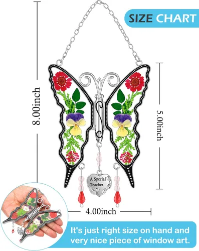 Vista 8 de KY &BOSAM - Atrapa luz de vitral con mariposa de color, con la frase A special teacher. Campanilla para el viento, como regalo para la profesora