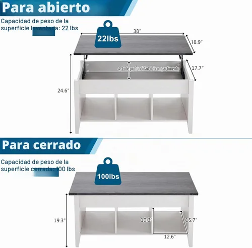 Vista 2 de VINGLI Farmhouse - Mesa de centro elevable, mesa de sala de estar de 37.8 Gris blanco