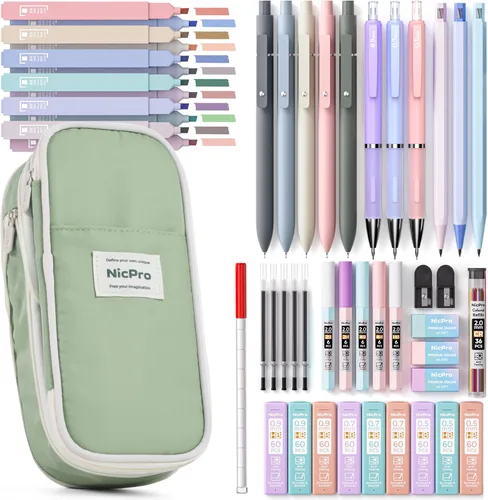 Vista 10 de Nicpro Juego de 50 artículos escolares con estuche para lápices, 6 bolígrafos de gel y recargas, 12 resaltadores, 6 lápices mecánicos artísticos, 12