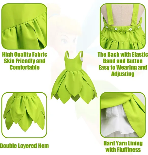 Vista 5 de Disfraz de Campanilla para niñas, vestido de hada para niñas pequeñas con orejas y alas de elfo duendecillo, vestido de princesa de hadas