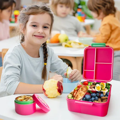 Vista 2 de Kidz Bento - Lonchera con termo de sopa, 4 compartimentos, a prueba de fugas, tarro de comida aislado para viajes, picnic
