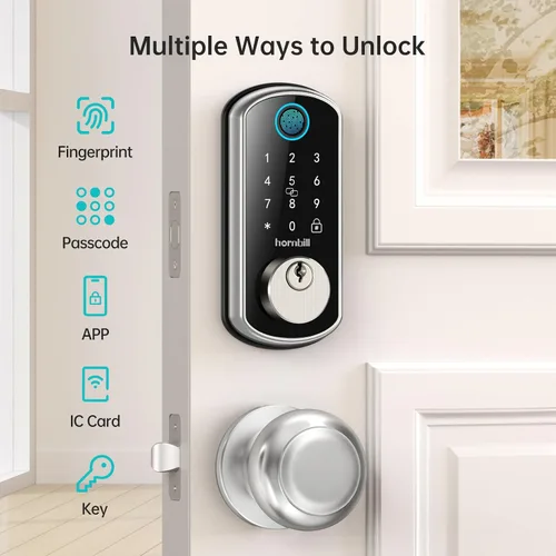Vista 2 de Cerradura de puerta inteligente WiFi: cerradura de puerta de entrada sin llave con asa, cerradura inteligente de huellas dactilares con 2 perillas