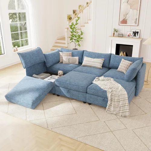 Vista 39 de 95.5" Sofá seccional modular de chenilla con almacenamiento oculto, sofá cama convertible en forma de L y U, sofá seccional moderno de 6 plazas