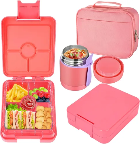 Vista 13 de Lonchera Bento para niños con termo de sopa de 10 onzas, recipientes de almuerzo a prueba de fugas con 4 compartimentos, tarro térmico