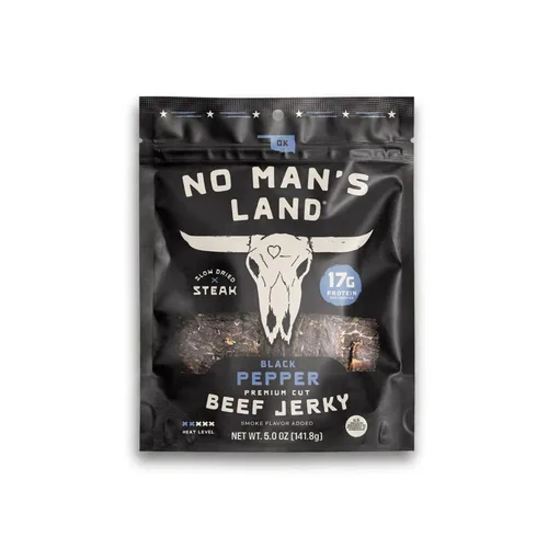 Vista 15 de No Mans Land Beef Jerky - Pimienta negra Tiras de carne seca secadas lentamente, ahumadas y sazonadas Bocadillo de carne de res alto