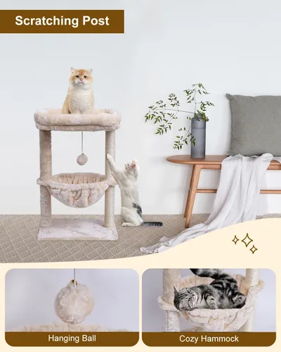 Vista 4 de SYANDLVY Árbol pequeño para gatos de interior, torre de actividad para gatos con poste rascador para gatitos, muebles para gatos con cesta y bola