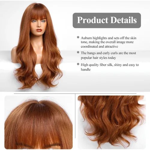 Vista 2 de HAIRCUBE - Peluca castaña con flequillo para mujer, peluca larga ondulada rizada para mujer, pelucas sintéticas onduladas rizadas para niñas, de 26