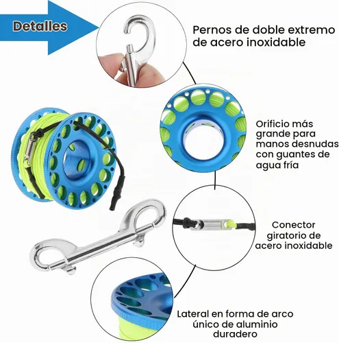 Vista 2 de Buceo con carrete de dedo, equipo de buceo de aluminio con línea de alta visibilidad de 98 pies con clip de perno de doble extremo para buceo, pesca