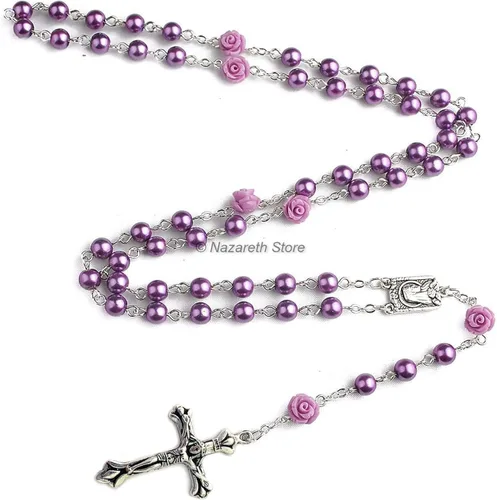 Vista 2 de Nazareth Store Collar de rosario con cuentas de perlas moradas católicas Our Rose Lourdes Medal & Cross NS