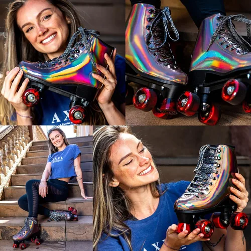 Vista 3 de JajaHoho Patines de ruedas para mujer, de cuero PU holográfico negro de alta calidad, patines de doble fila brillantes con cuatro ruedas para niñas