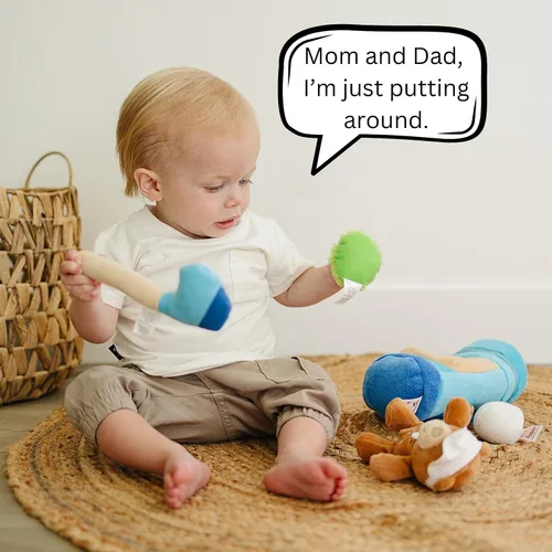 Vista 4 de Genius Baby Toys My First - Juego de juguetes para bebé, 5 piezas de felpa suave con palo de golf, pelota, camiseta y oso de peluche, para amantes