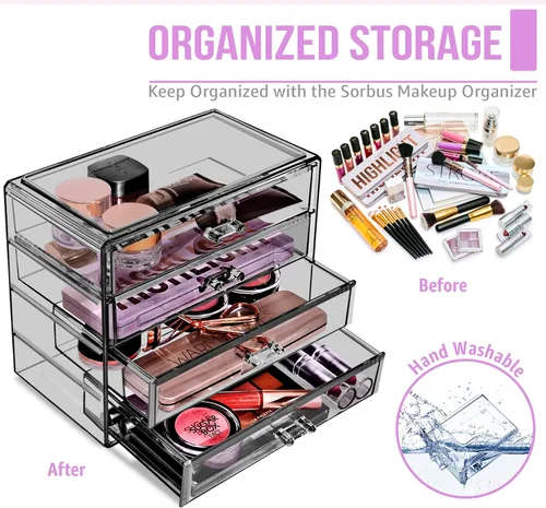 Vista 5 de Sorbus Organizador de maquillaje – Organizador de maquillaje acrílico de 4 cajones y almacenamiento para cosméticos, joyas, suministros de belleza