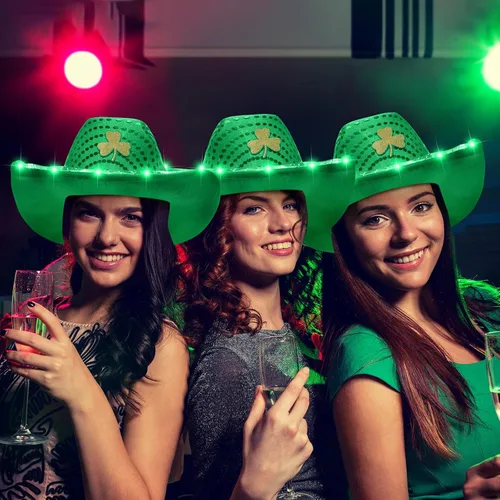 Vista 5 de Silicherry Paquete de 6 sombreros de vaquero de trébol de San Patricio con luz LED, sombrero de vaquera verde trébol, sombrero irlandés