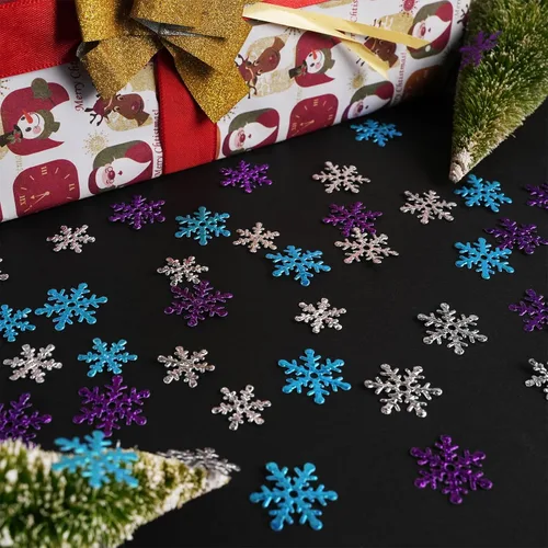 Vista 3 de Decoraciones de confeti de copo de nieve de Navidad, 1200 unidades, confeti morado, azul, plateado, paquete de fiesta de nieve para Navidad