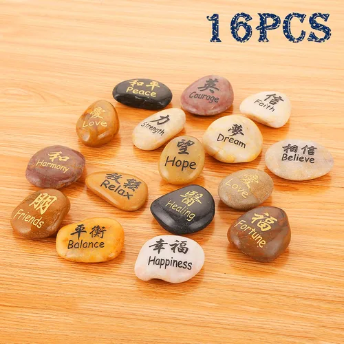 Vista 3 de ROCKIMPACT 16 piedras grabadas con símbolos kanji japoneses, chinos, personajes Han Hanja, piedra zen, piedra zen, piedra pulida natural