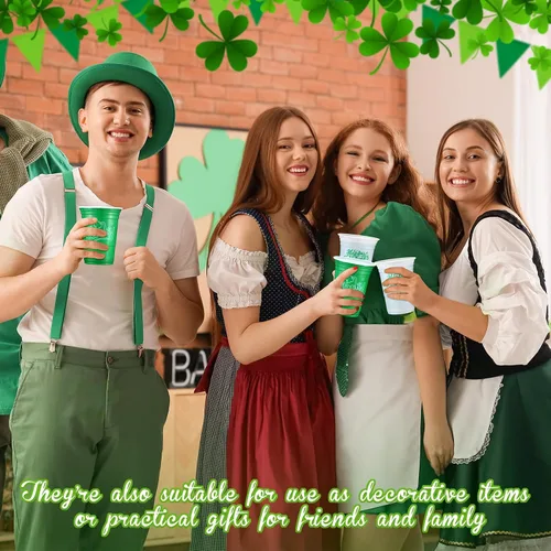 Vista 6 de Pickmesh 50 piezas de vasos de plástico para el Día de San Patricio de 16 onzas con diseño de trébol de la suerte, vasos desechables