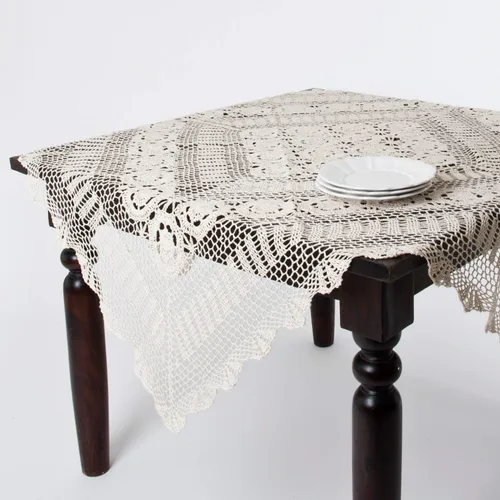 Vista 2 de Fennco Styles Cluny Collection Mantel de algodón con encaje de ganchillo hecho a mano, cuadrado de 30 pulgadas, mantel color crudo para bodas