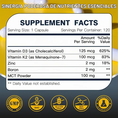 Vista 2 de DRFOSTER Vitamina D3 K2 5000 UI con zinc y boro, 120 cápsulas veganas